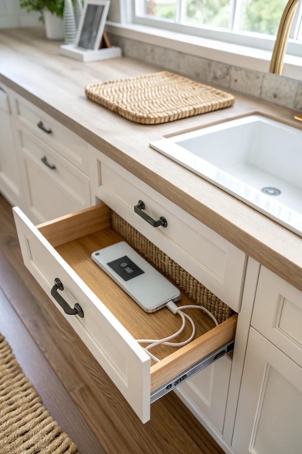 Hidden charging drawer: farmhouse calm with cords out of sight and craftsmanship on display.