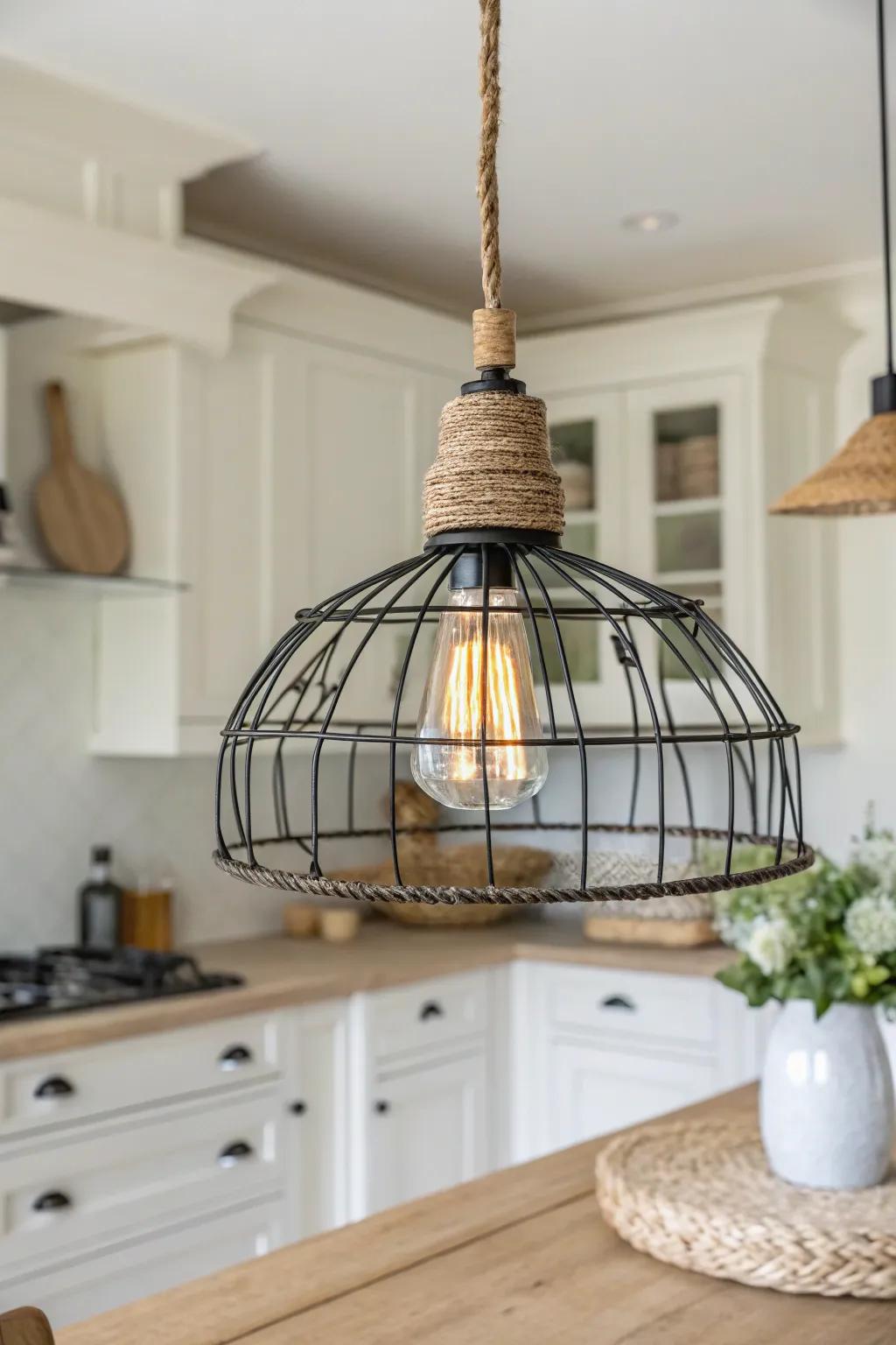 Upcycled wire basket pendant casts dreamy shadows—perfect farmhouse glow over the island.