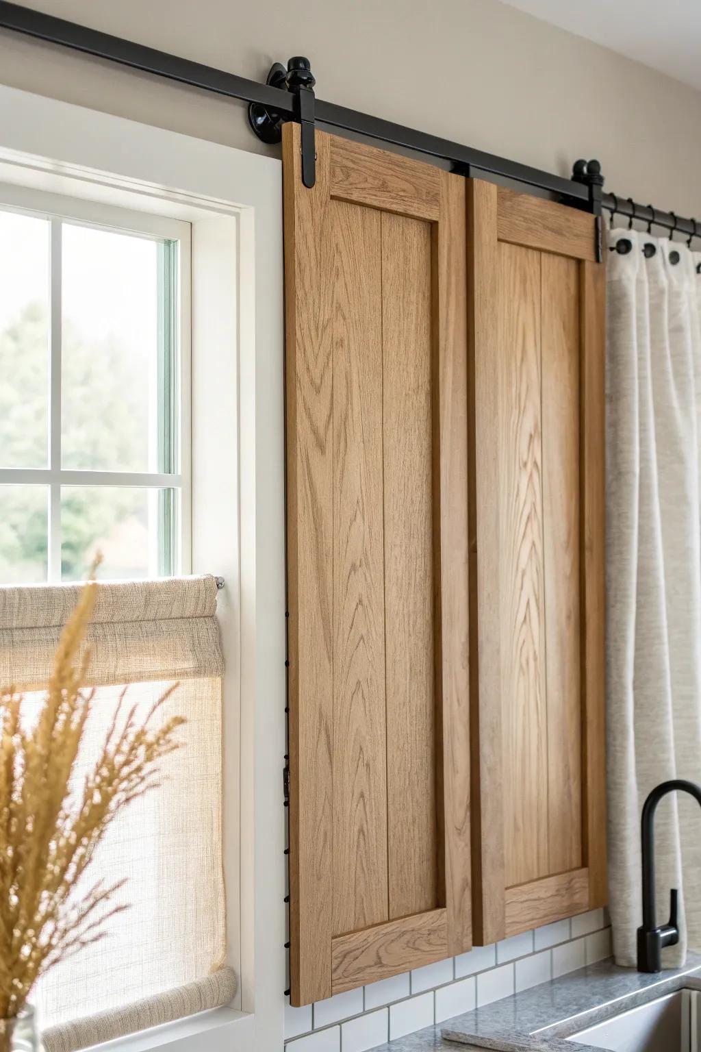 Sliding wood shutters on a simple track—clean farmhouse charm with adjustable afternoon light.