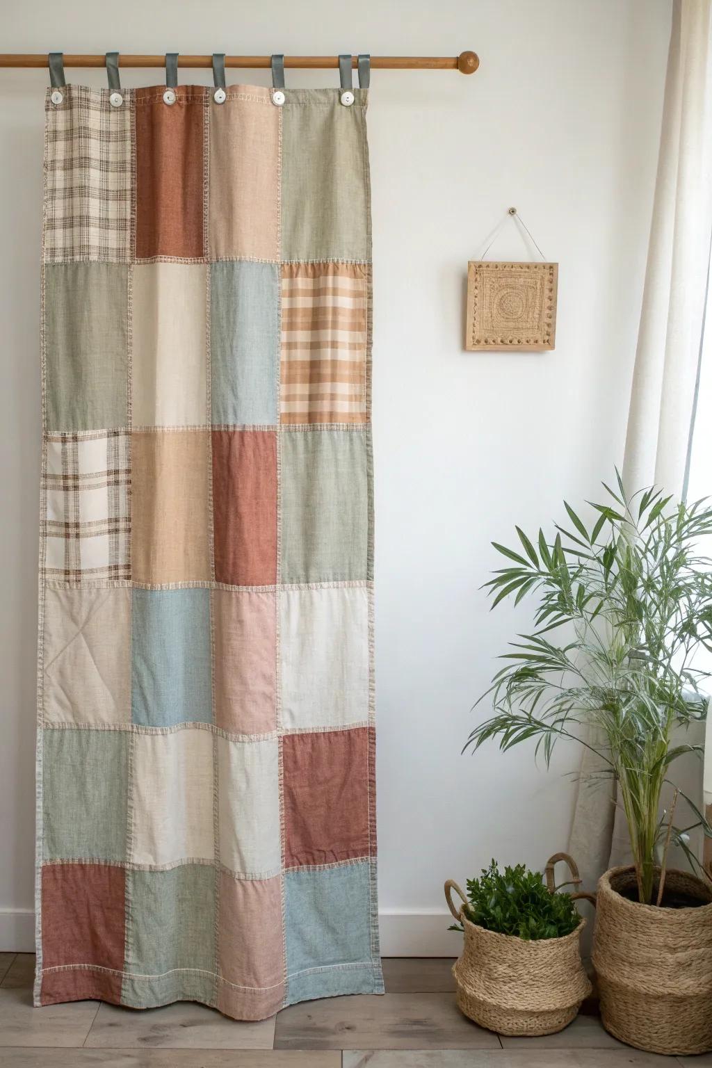 Soft farmhouse patchwork curtains—salvaged textiles stitched into calm, cozy panels.