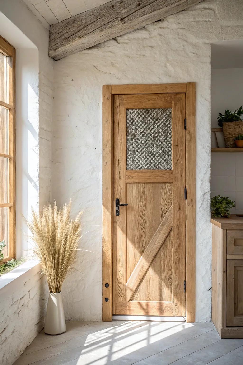 Wire-mesh pantry door with clean trim edges—farmhouse charm with airy, modern Scandi calm.