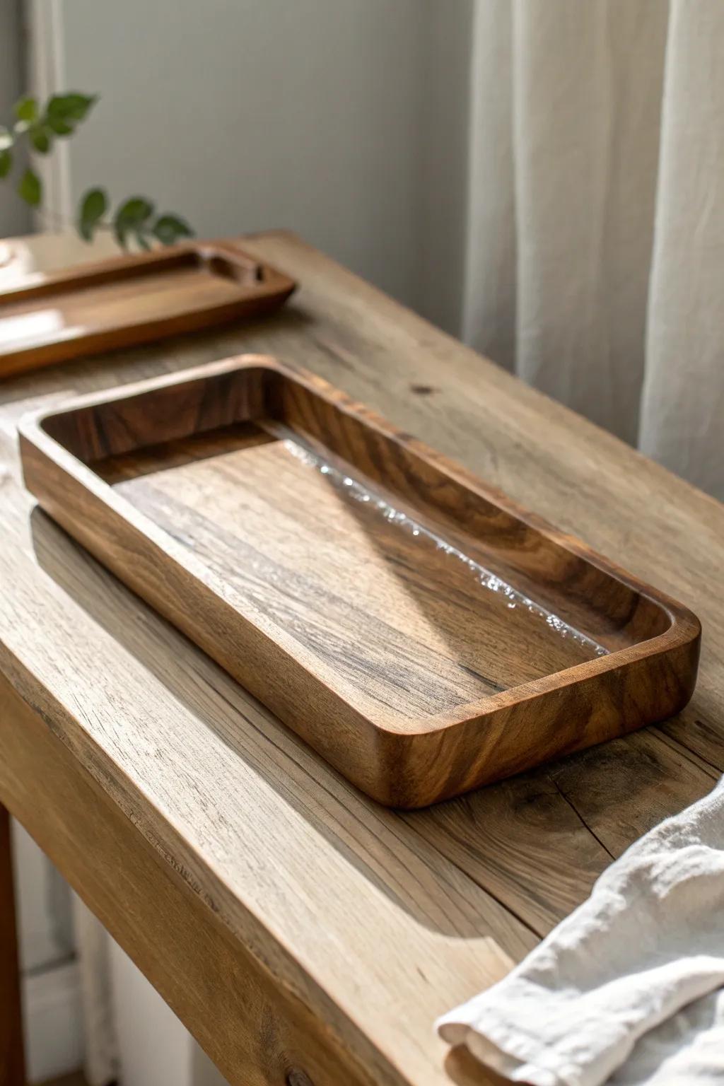 A walnut-and-resin tray adds a subtle modern shine to classic farmhouse shelf styling.