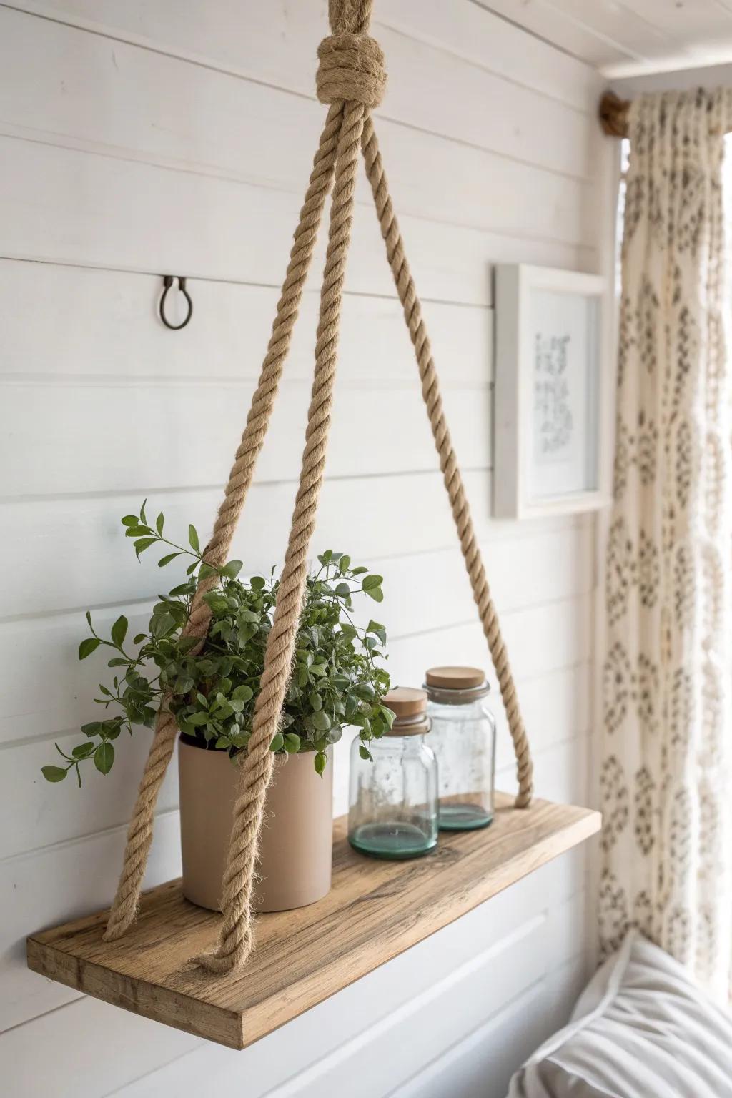 Rope-hung swing shelf: rustic oak, soft cotton rope, and a simple plant-and-jar vignette.