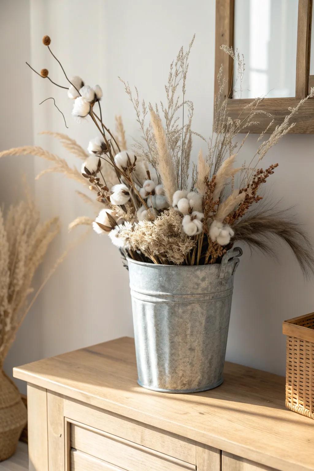 A loose galvanized bucket with cotton stems brings effortless farmhouse charm to a TV stand.