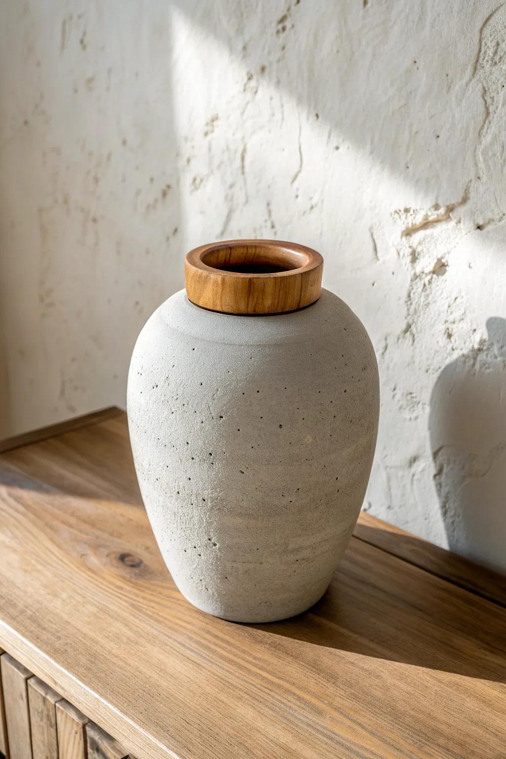 Modern farmhouse charm: rugged concrete softened by a warm oak collar—simple, handmade, timeless.