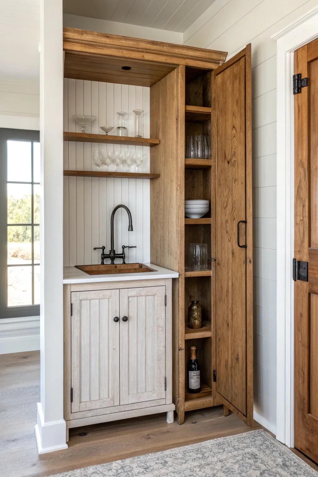 A beadboard door swings open to reveal a hidden farmhouse wet bar—simple, sleek, party-ready.