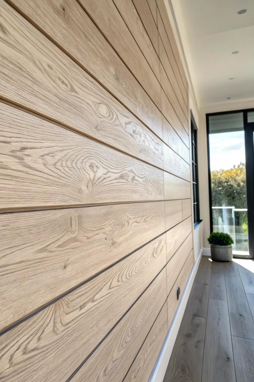 Painted dark gap lines add crisp shadow depth, making a faux wood wall look rich and real.