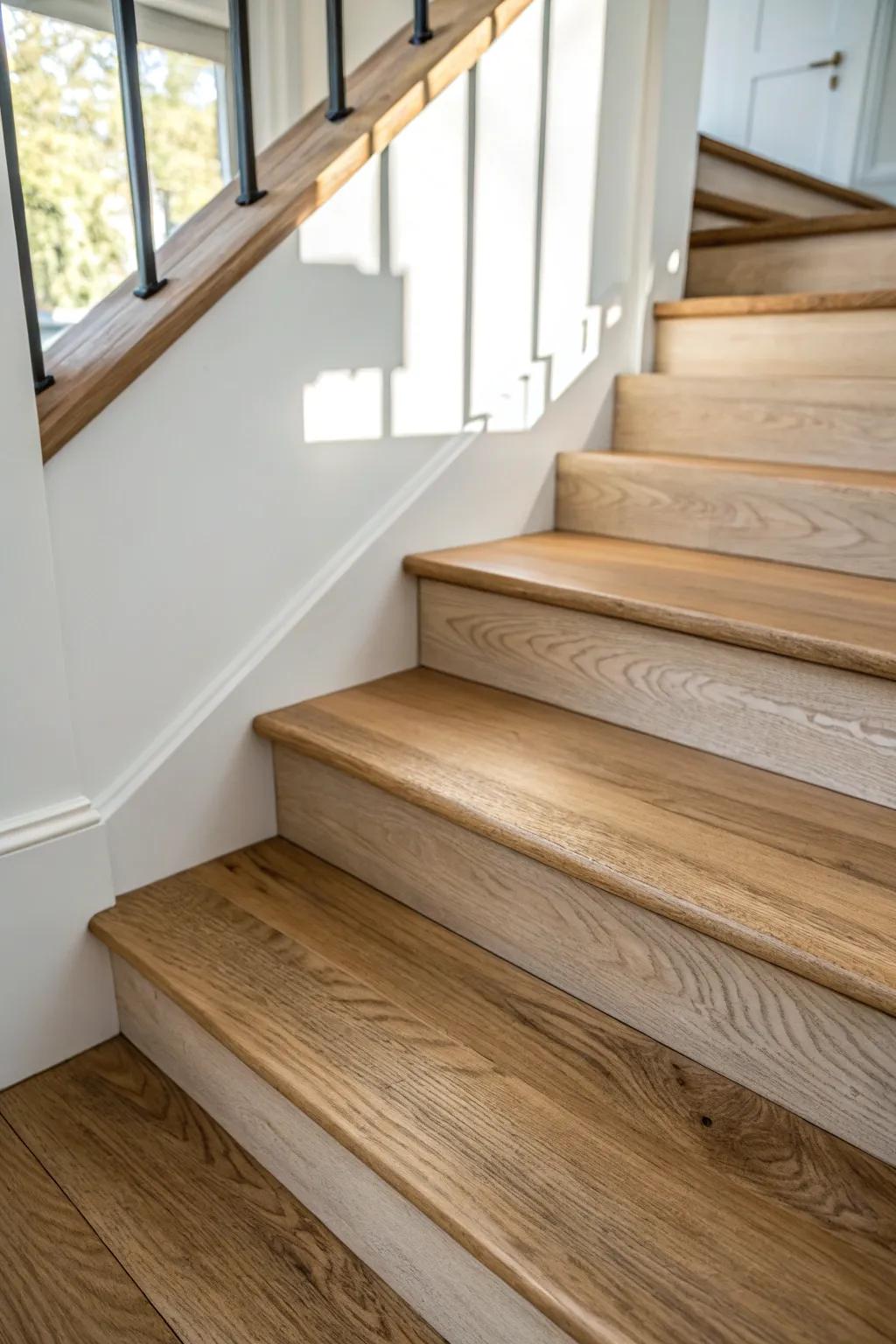 Wire-brushed stair treads add rustic character while hiding scuffs in a clean, modern way.