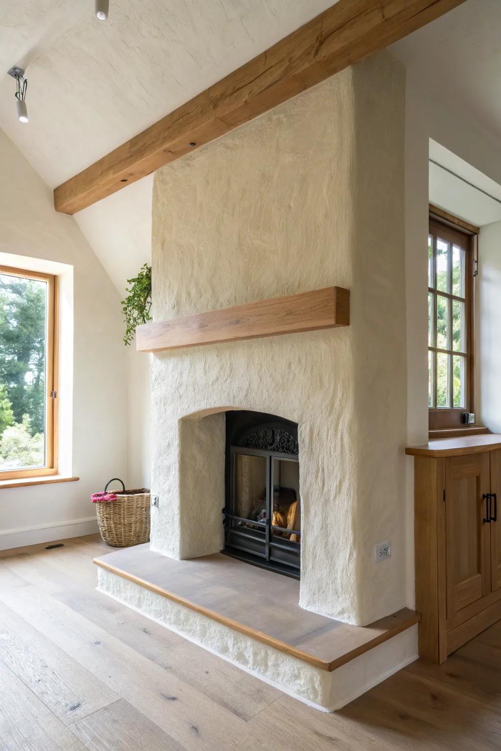 Soft troweled plaster on a fireplace bump out adds warm depth and handcrafted shadows.