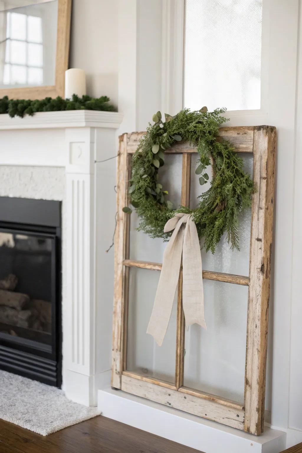 Chipped vintage window frame + tiny wreath: an effortless, upcycled mantel Christmas backdrop.