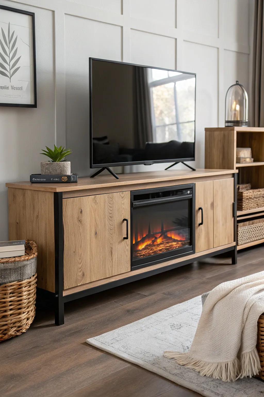 Oak and black steel frame fireplace stand—minimal, modern, and beautifully warm.