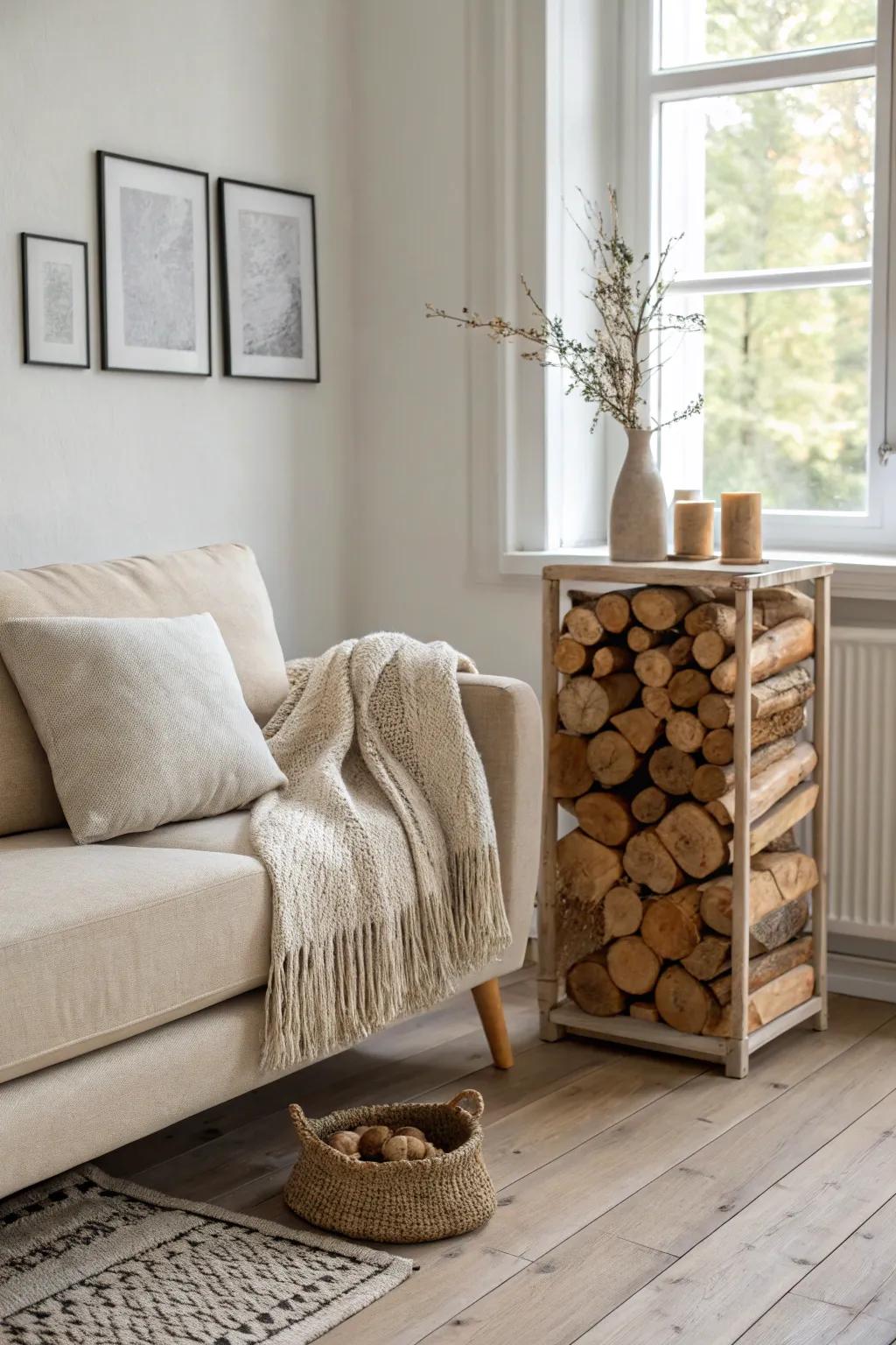 A slim behind-the-sofa rack keeps firewood close by while the hearth area stays serene.