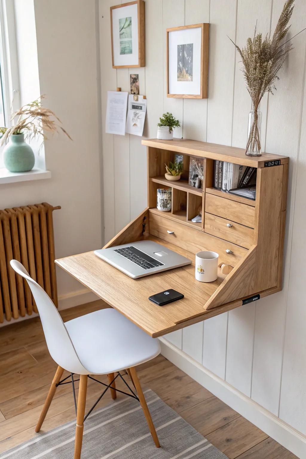 Flip-up floating corner desk: tiny-space function, warm oak craftsmanship, clean minimalist style.