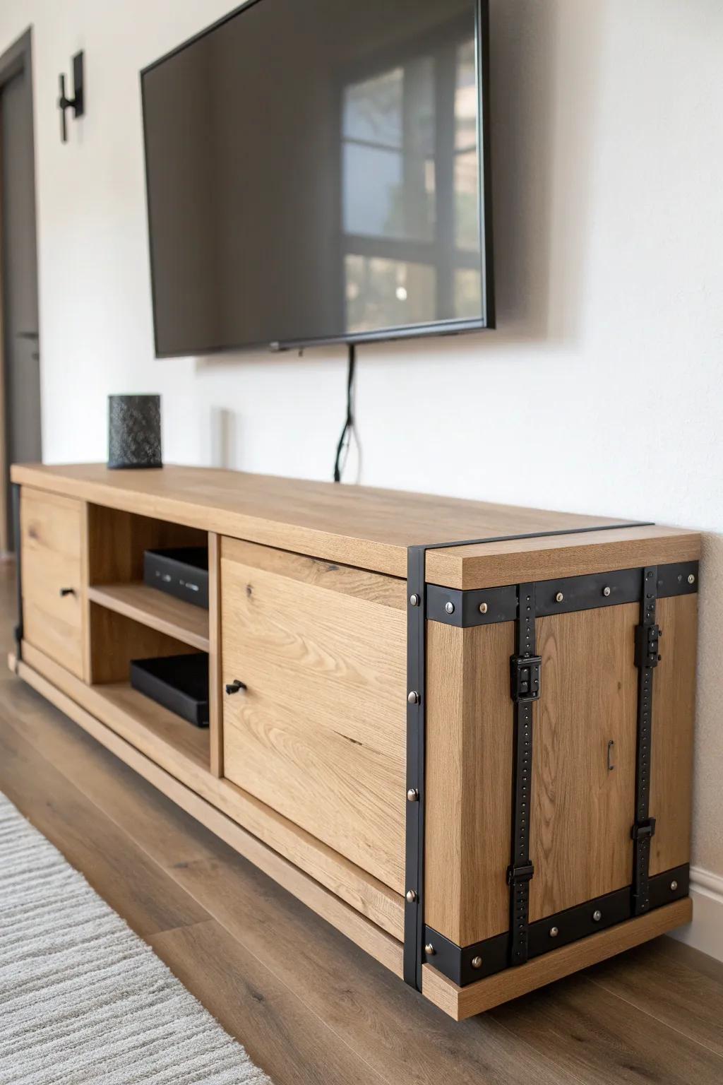 Oak floating console with bold black metal straps—industrial detail meets soft Scandinavian calm.