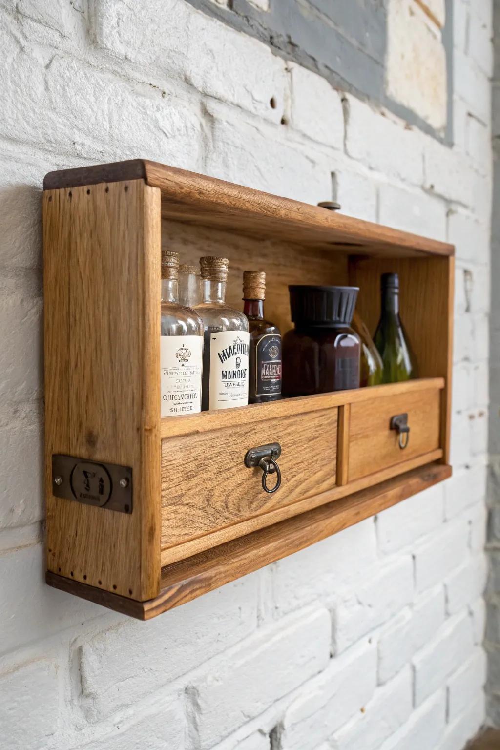 An old drawer becomes a chic floating shelf bar—boxed, minimal, and beautifully handcrafted.