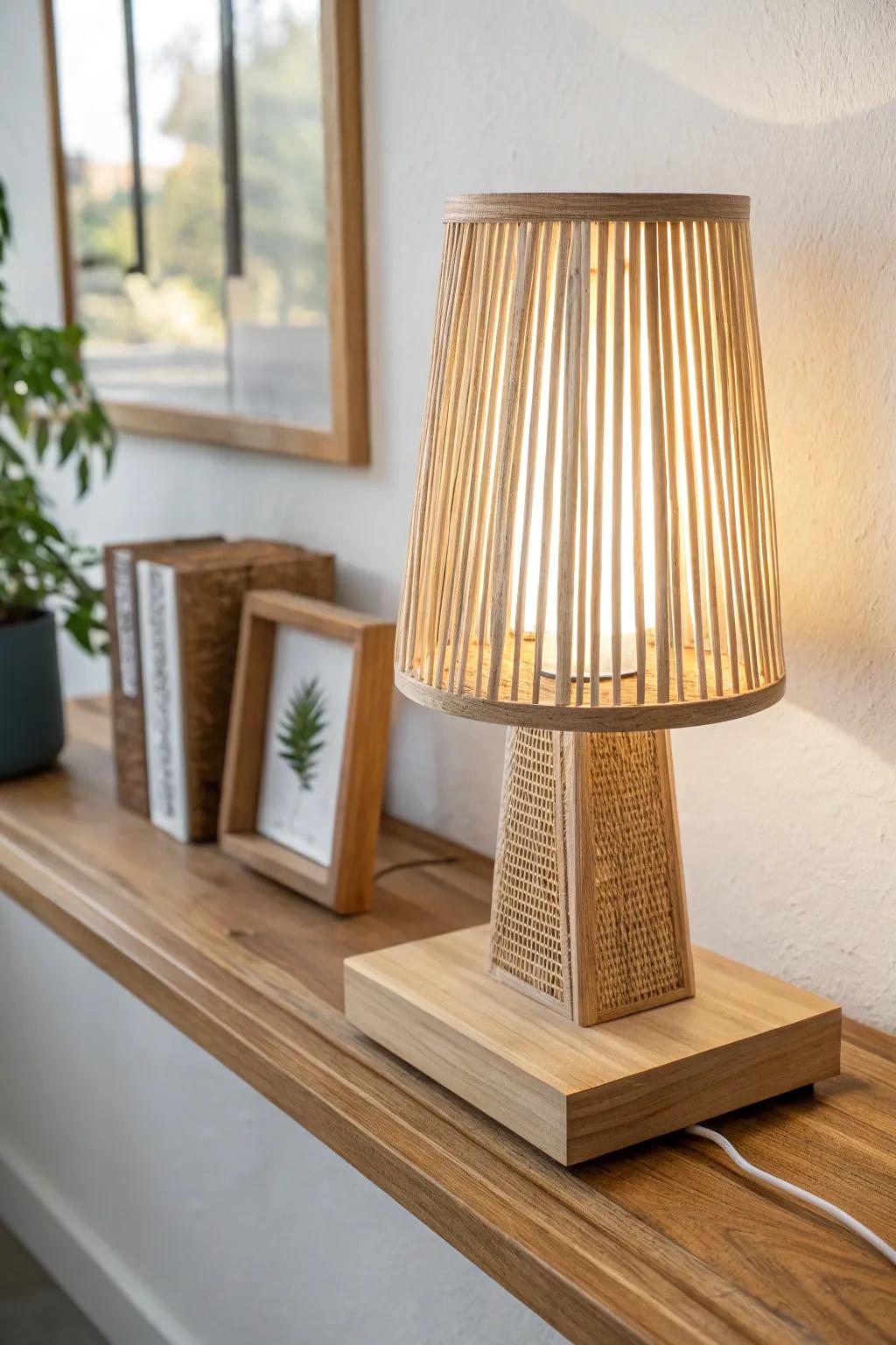 Warm LEDs hidden behind woven wood slats—floating shelf lighting that paints soft shadow lines.