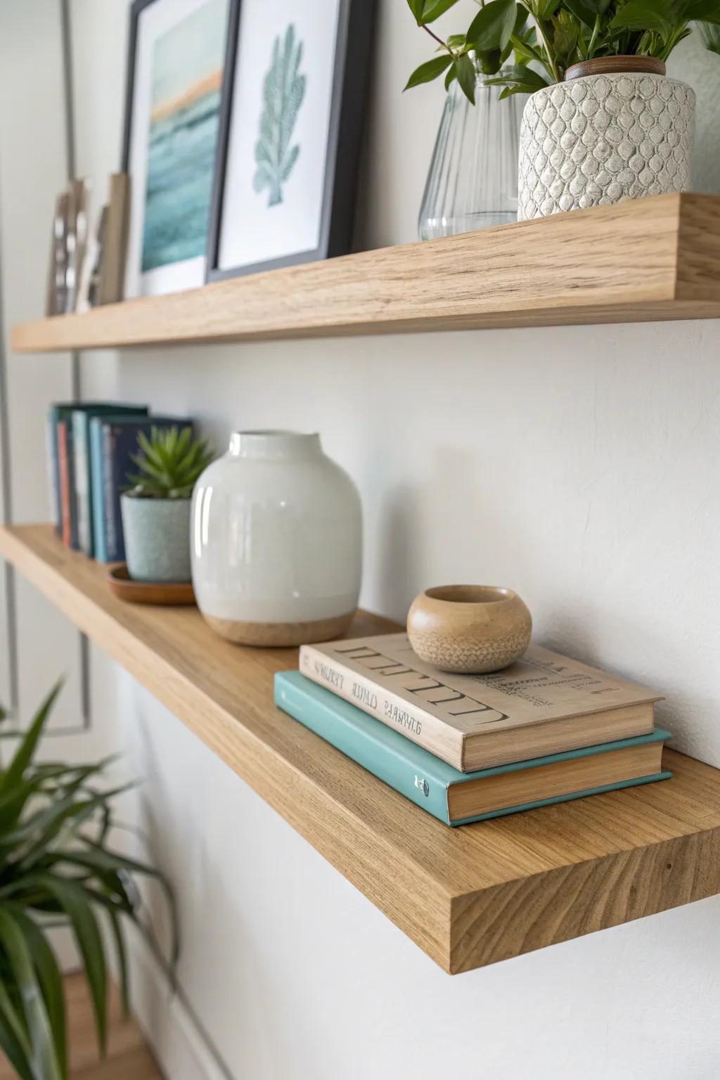 A floating oak shelf with a slim resin “river” inlay—minimal styling, maximum wow.