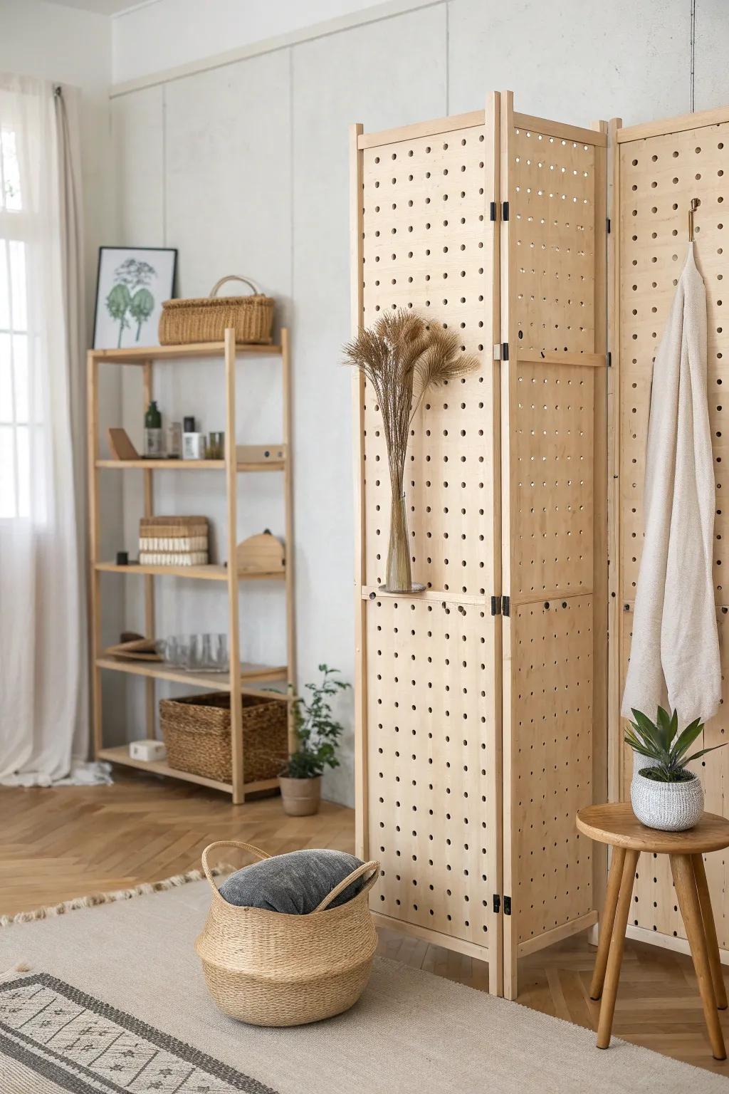 Floor-to-ceiling wooden pegboard divider: flexible shelves and baskets, beautifully minimal.