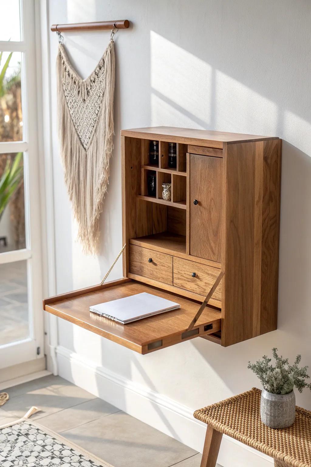 A wall-art frame that folds down into a sleek desk—beautiful, hidden, and handmade.