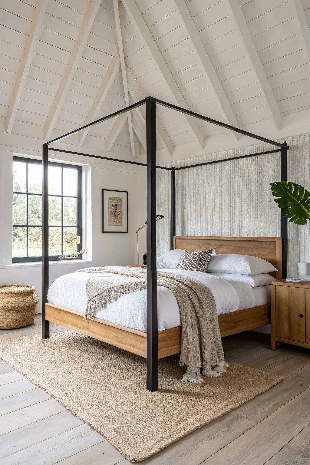 Warm oak posts + matte-black crossbars: a cozy four-poster look with a modern edge.