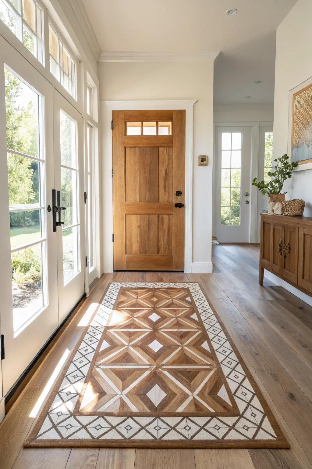 A patterned wood “rug” inlay adds a wow moment at the door—beautiful, durable, and grit-proof.
