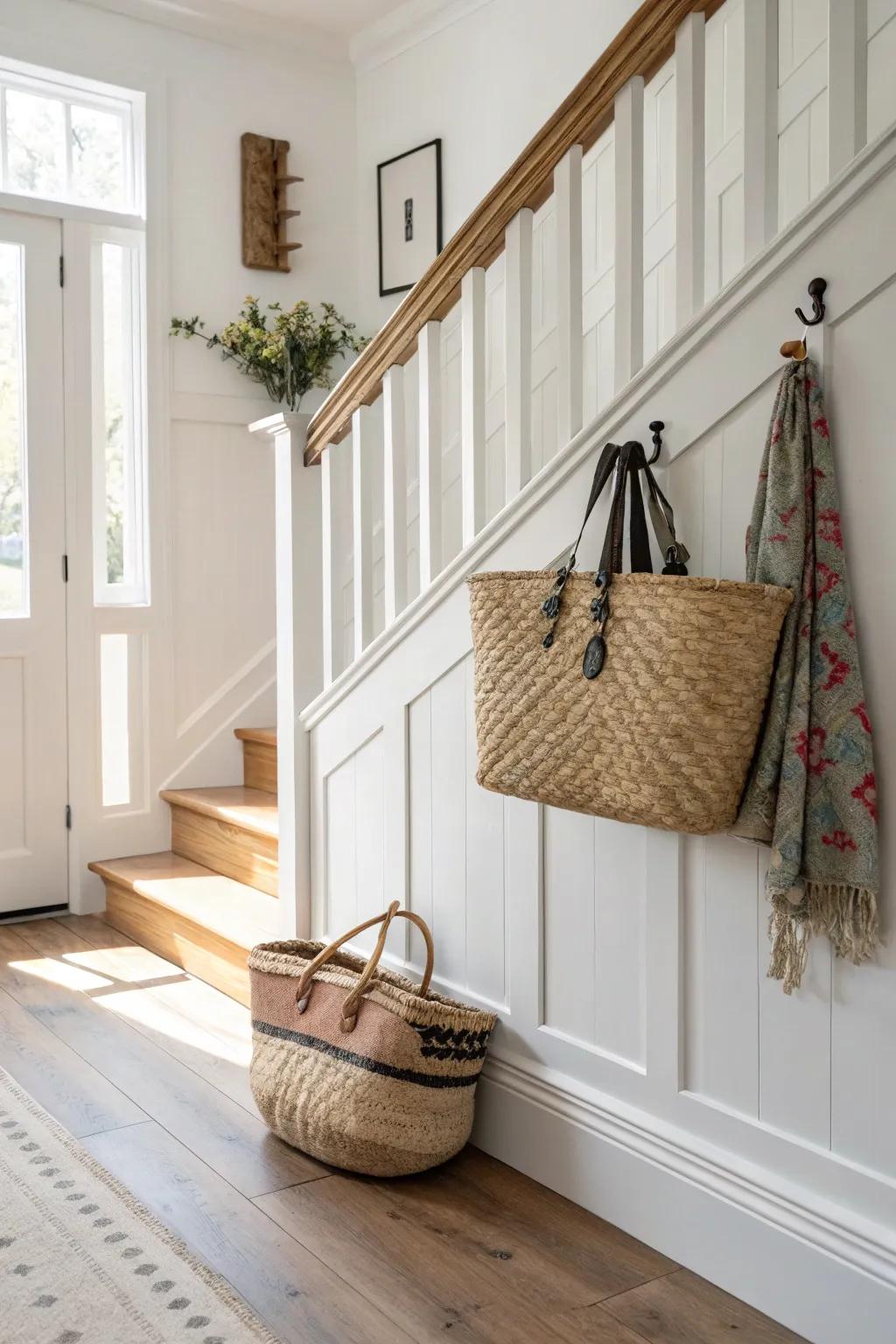 Useful peg rail trim: chunky oak pegs built into wainscoting for a calm, clutter-free foyer.