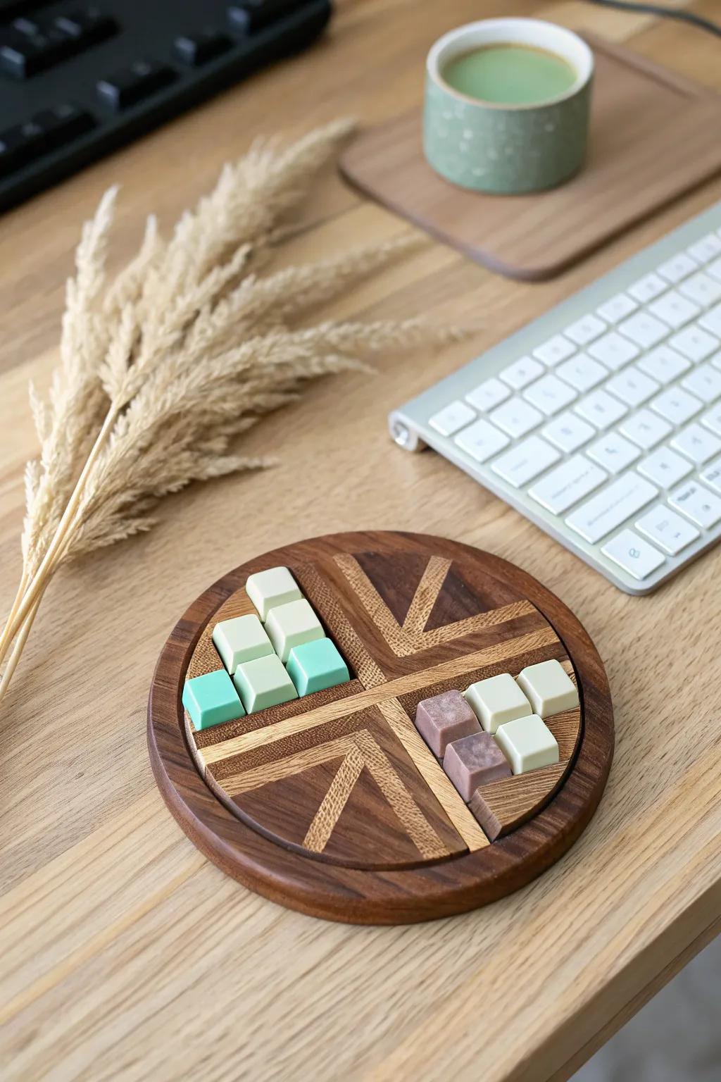 Walnut coaster with glow resin + keycap mosaic—subtle desk art that shines after dark.