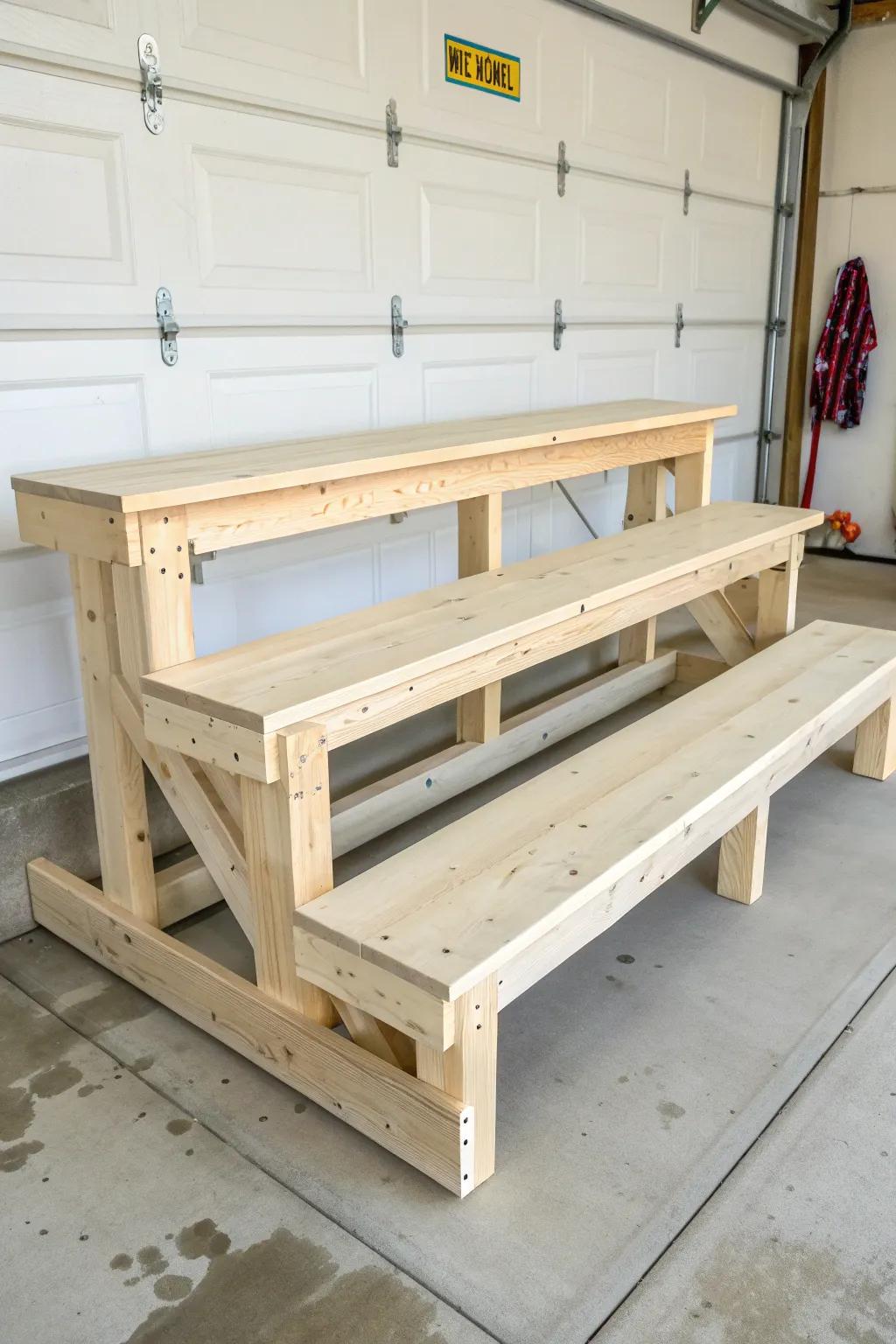 Mini bleacher bench seating—clean Scandinavian lines, sealed wood, and cozy game-night vibes.
