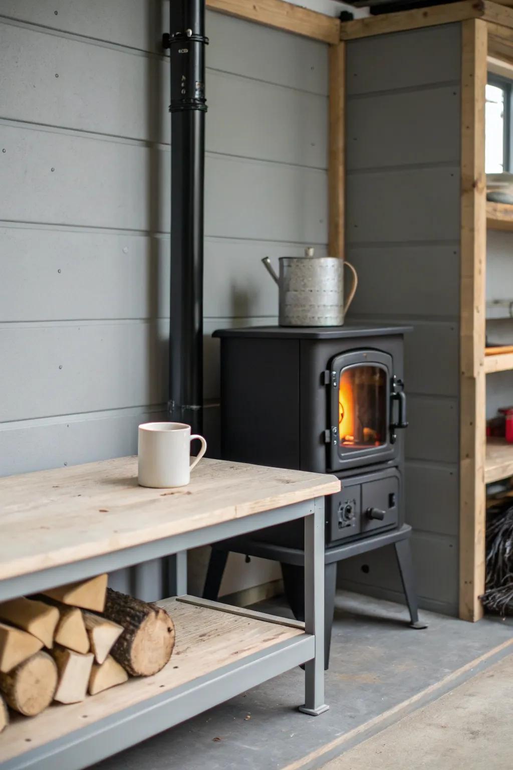 A simple warming shelf keeps coffee hot and fingers warm during chilly garage shop breaks.