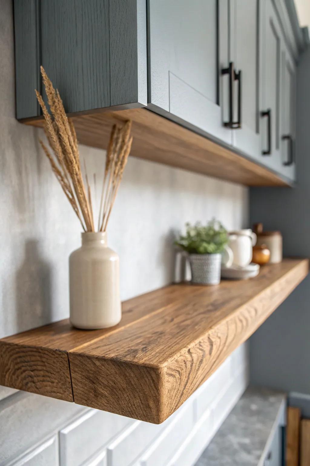 Warm reclaimed wood shelf softens gray cabinets—minimal, handmade, and quietly boho.