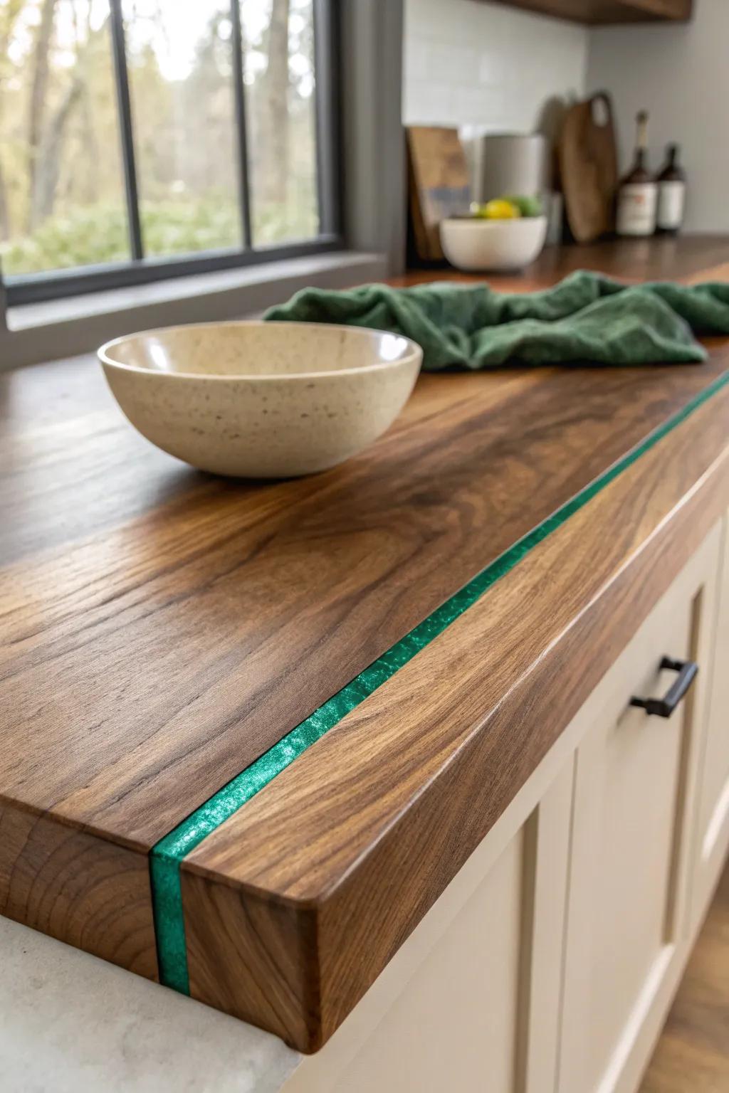 A walnut countertop with a deep green resin river inlay—bold, earthy, and serene.