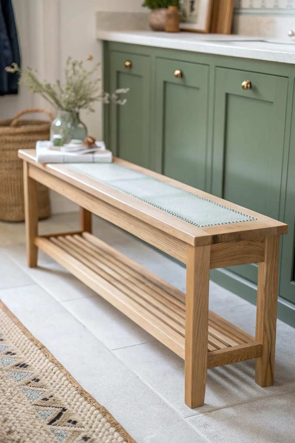 Green built-ins meet artisan oak: a mudroom bench with a sleek resin inlay detail.