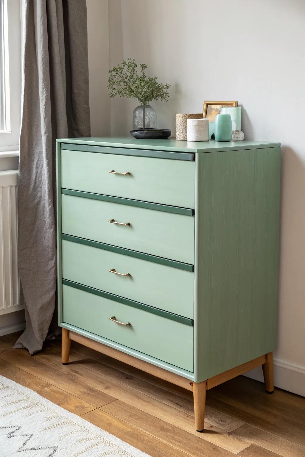 Vintage dresser in soft green with a sleek resin inlay stripe—minimal, modern, and handmade.