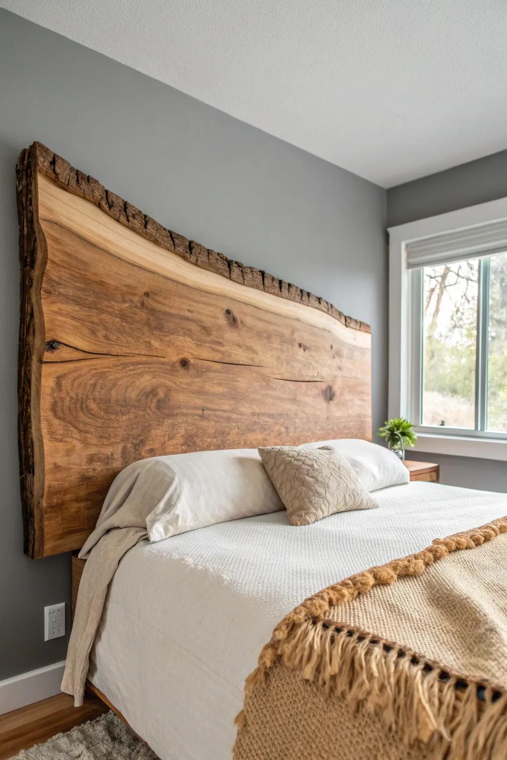 Live-edge wood headboard on smoky grey walls—minimal, warm, and beautifully one-of-a-kind.