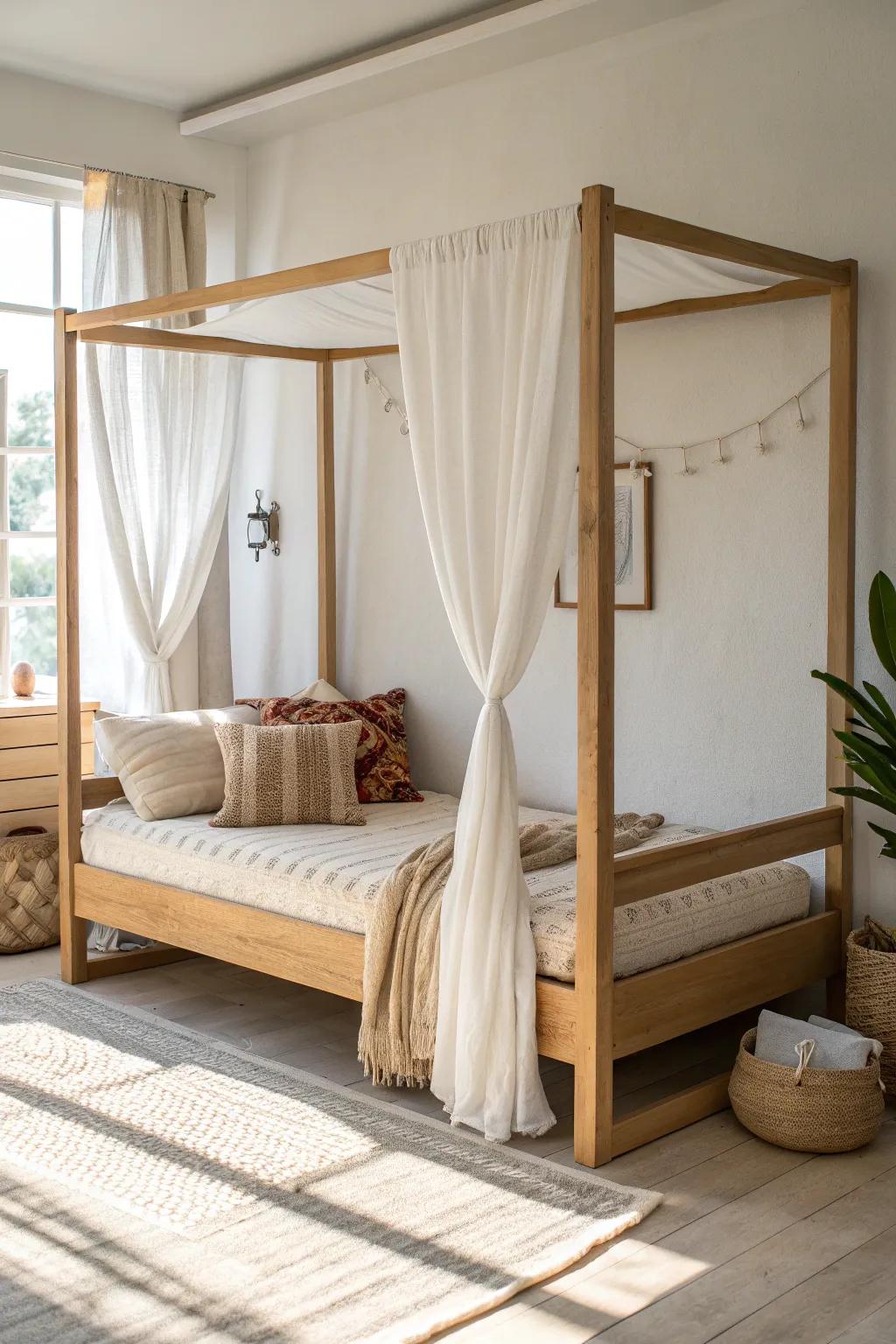 A simple lumber canopy turns a daybed into a dreamy, minimalist guest-room retreat.