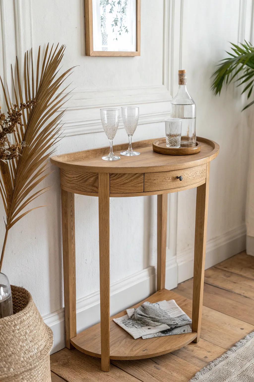 A half moon table mini bar: curved, clutter-free, and perfect for effortless entertaining.