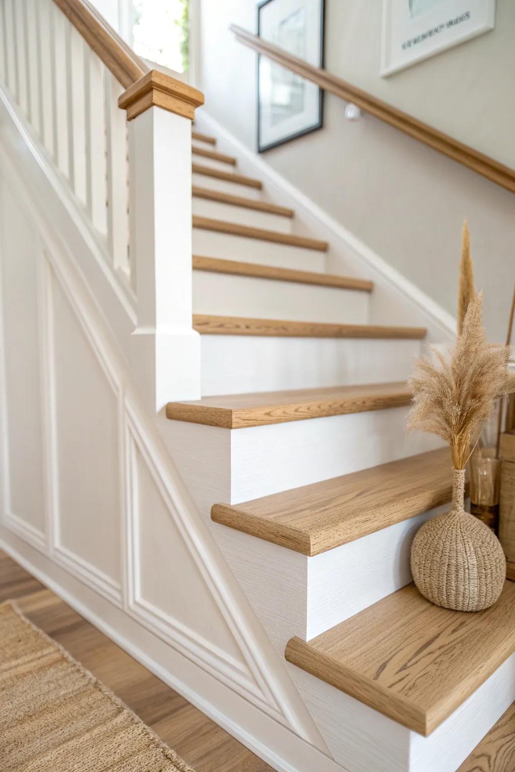 Wood-trim “shadowbox” stair riser: tone-on-tone framing that adds quiet, custom texture.