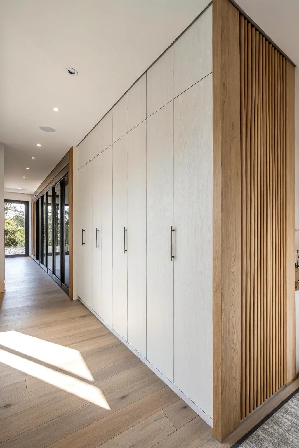 A seamless secret-panel cabinet wall—minimal outside, deep hidden storage inside.