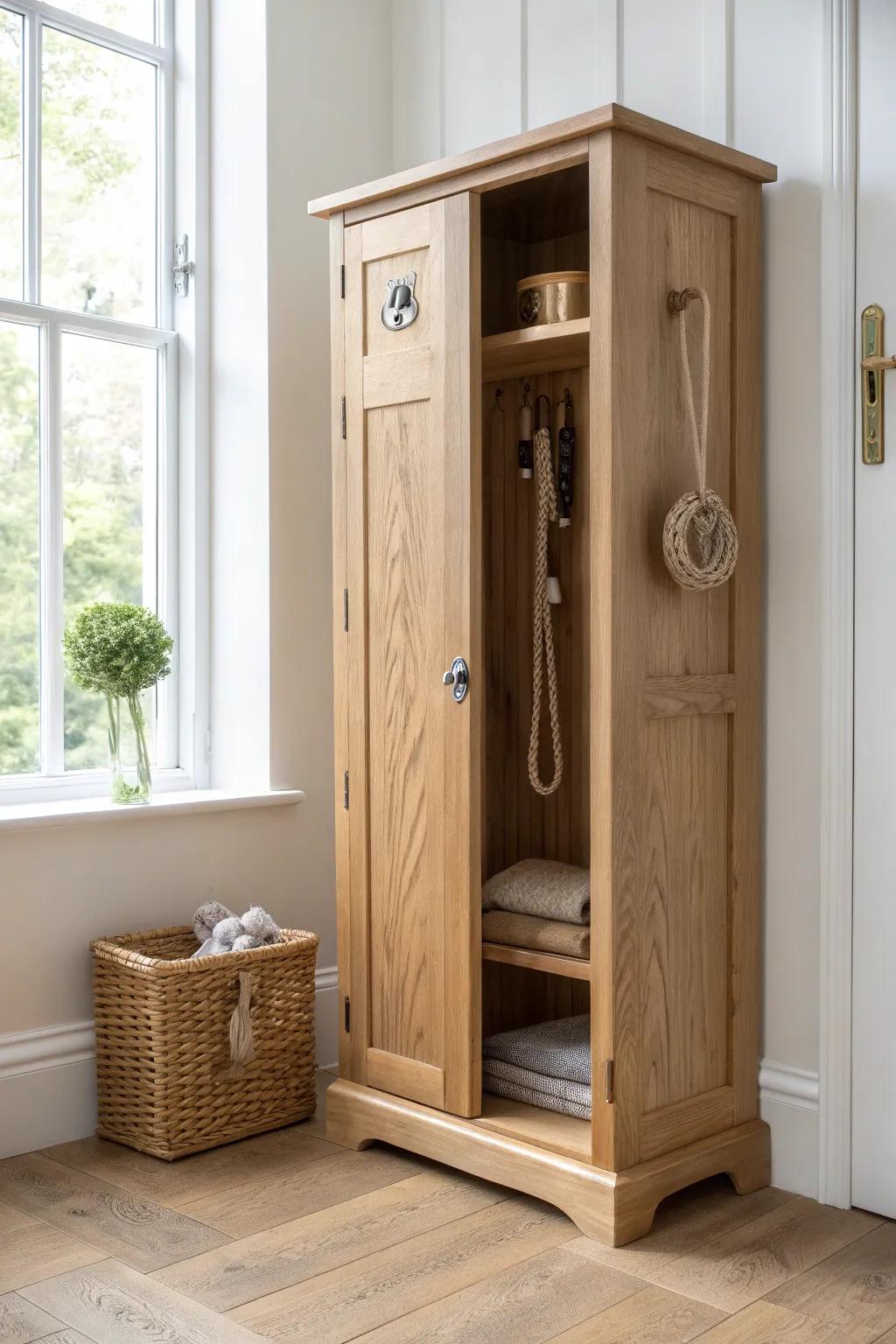 A slim oak hallway cabinet that keeps leashes, wipes, and treats tidy—and mornings smoother.