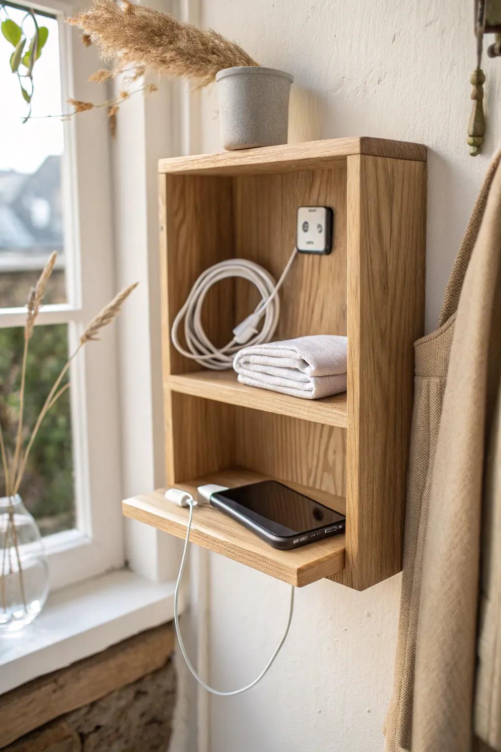 A hidden charging cubby keeps entryway cords contained—clean, calm, and beautifully crafted.