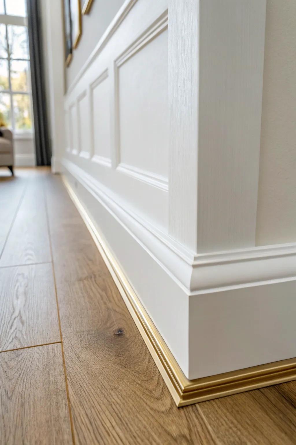 Routed hallway trim with a brushed brass inlay—minimal, modern, and instantly custom.