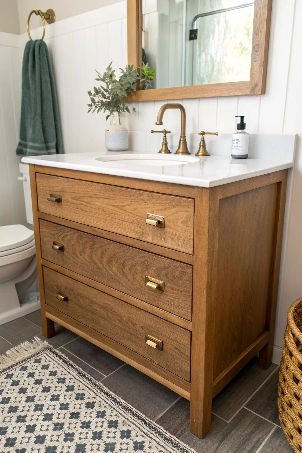 Thrifted dresser, reimagined: a roll-under vanity with seamless reclaimed-wood patches.