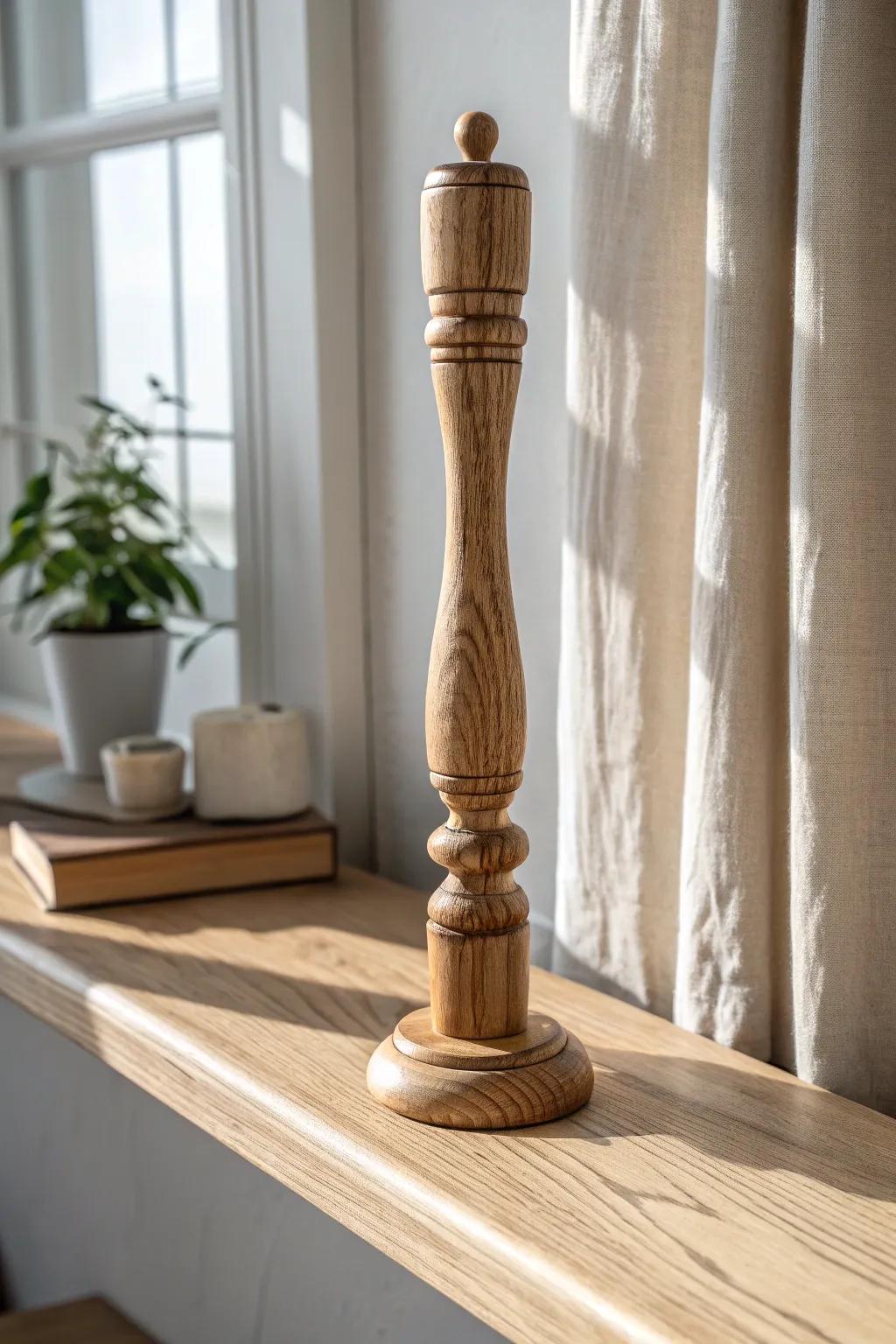 A sculptural salvaged spindle brings history, texture, and height to a high shelf.