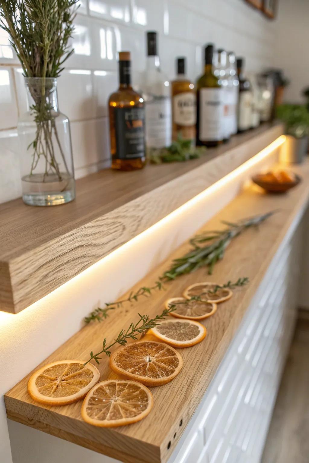 Clear resin inlay shelf edge with embedded citrus and herbs—glowing, warm, and wood-forward.