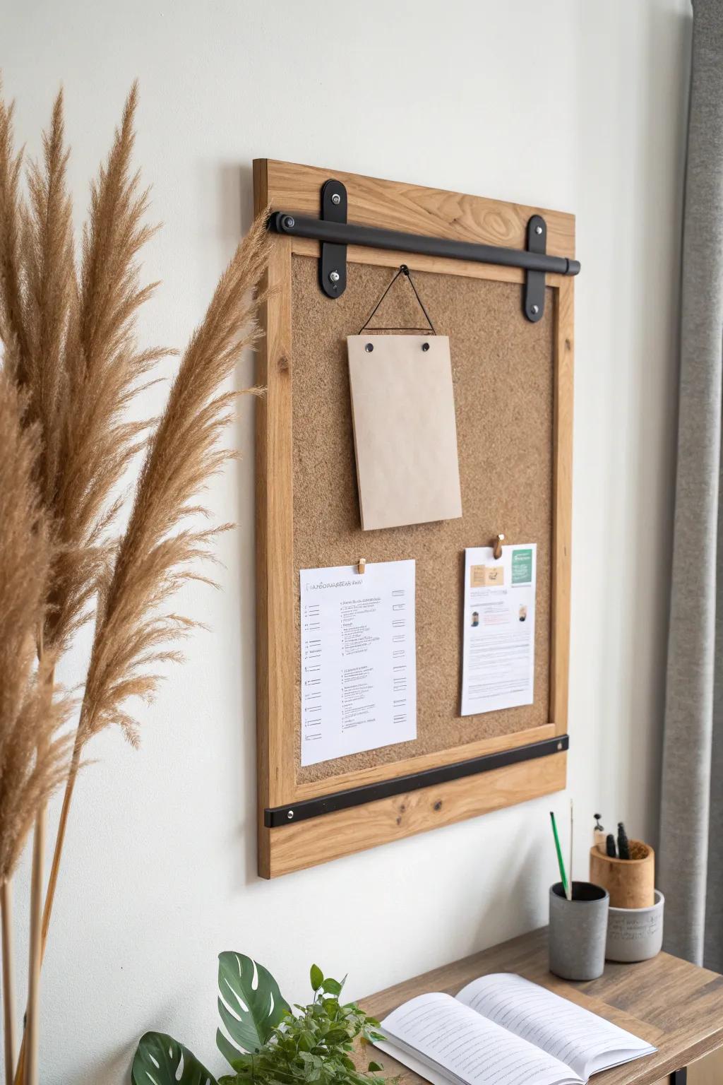 Sliding oak board on minimalist rails—pin plans when needed, hide them for a calm desk wall.