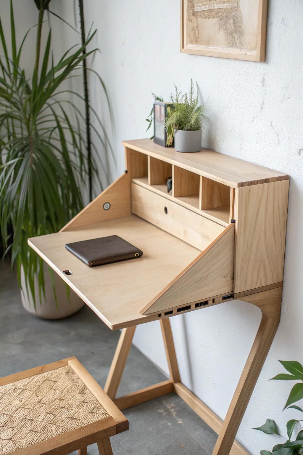 A fold-down wall desk in birch plywood—minimal, beautiful, and perfect for flex rooms.