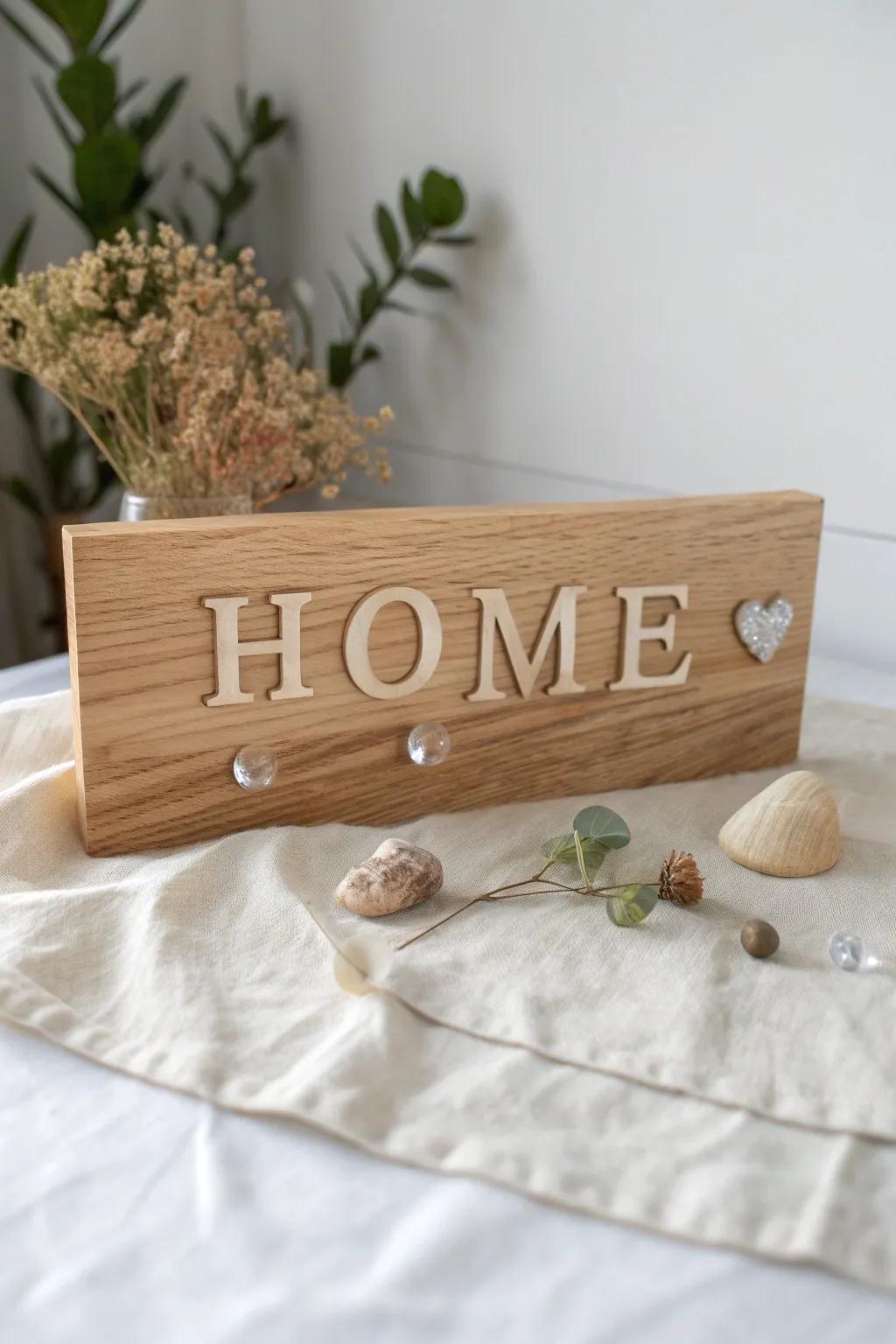 A minimalist oak HOME sign with clear resin—tiny flowers and sand sealed as a memory capsule.