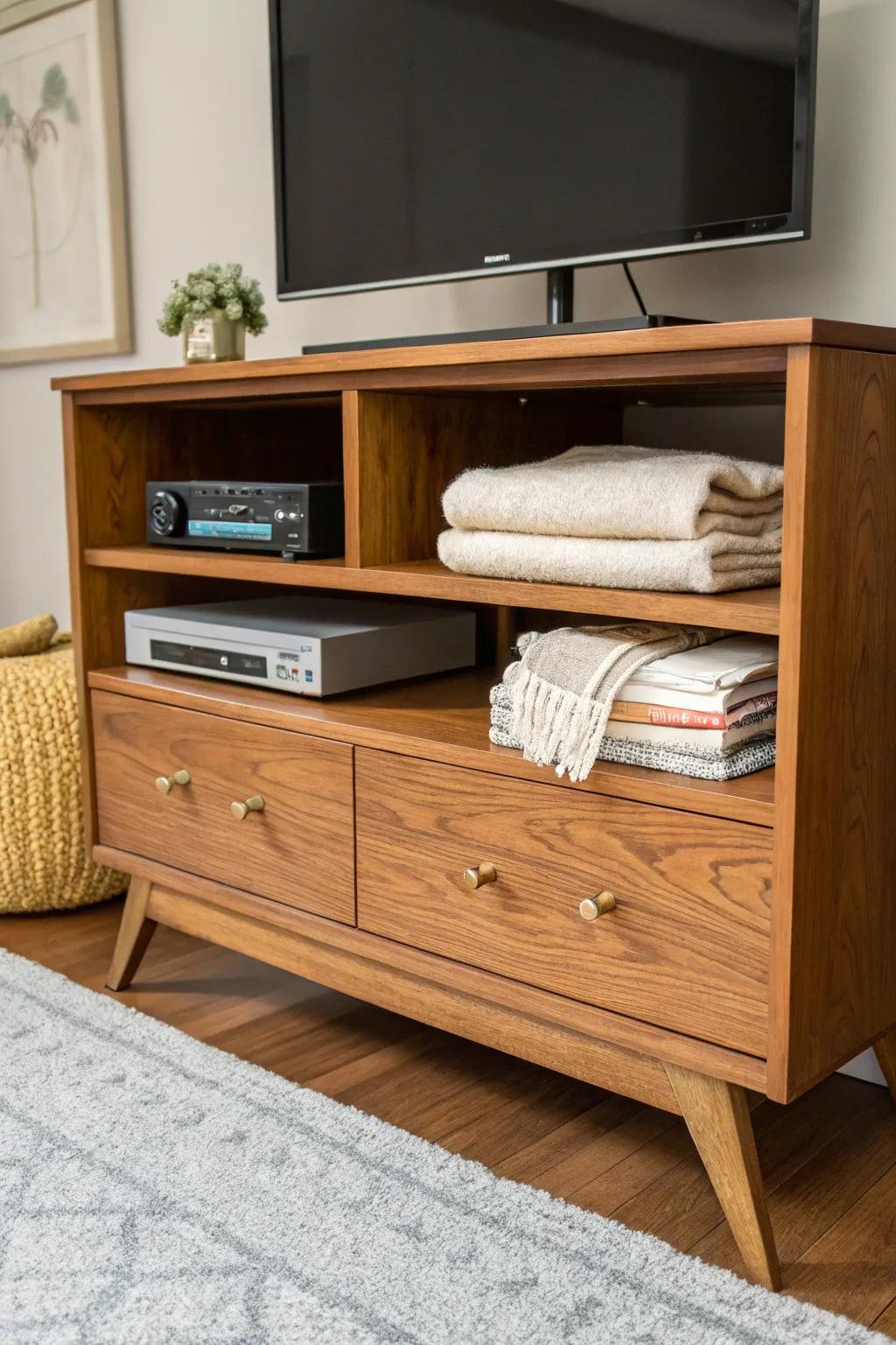 Upcycled dresser theater console—cord pass-throughs, roomy drawers, and warm wood charm.