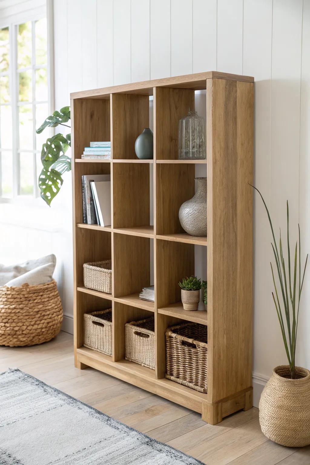 Low divider cube shelf defines a peaceful homeschool corner—stylish storage without building walls.