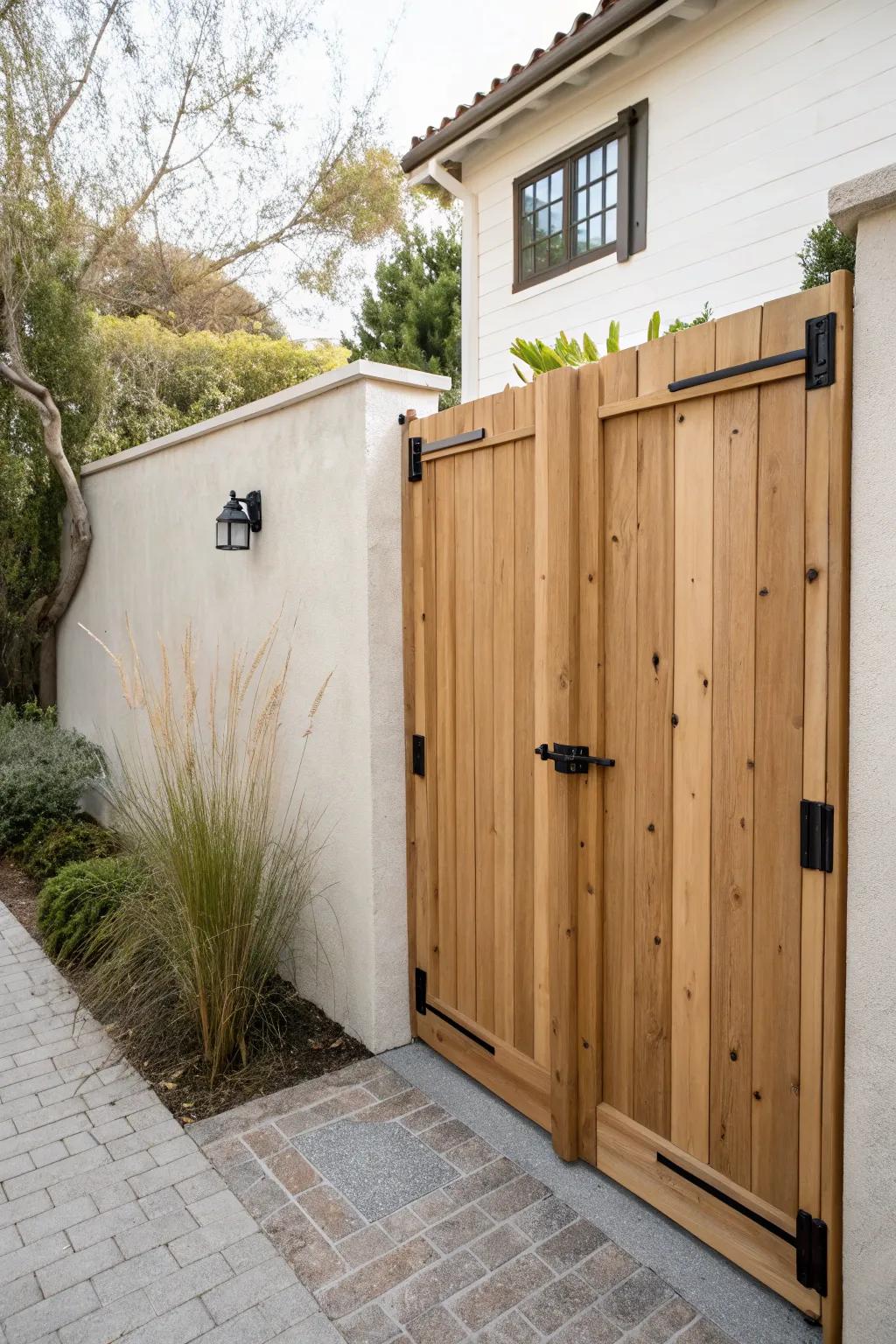 Space-saving bi-fold gate: lightweight wood panels that fold neatly in narrow side yards.
